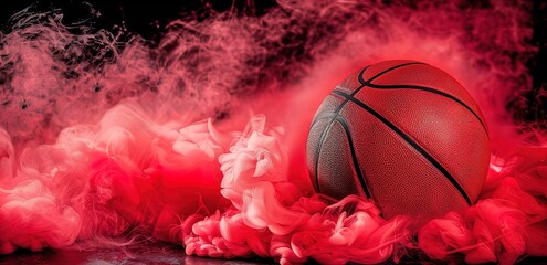  A basketball surrounded by red smoke on a black background