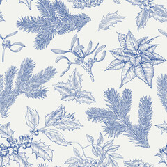 Toile art Christmas Vintage botanical seamless pattern with fir branches, holly, mistletoe, poinsettia. Blue, beige. Hand drawn vector background for design package, holiday decor, decoration new year