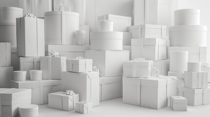 Heap stack of white round square gift boxes plain simple background minimalistic packaging weddings birthdays Christmas events monochromatic advertising campaign minimal lux elegant box design mockup