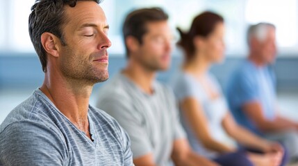 Group therapy participants practicing relaxation techniques together Stock Photo with copy space