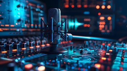 High-tech broadcast microphone in audio production setting with abstract speech waveform and digital sound editing tools