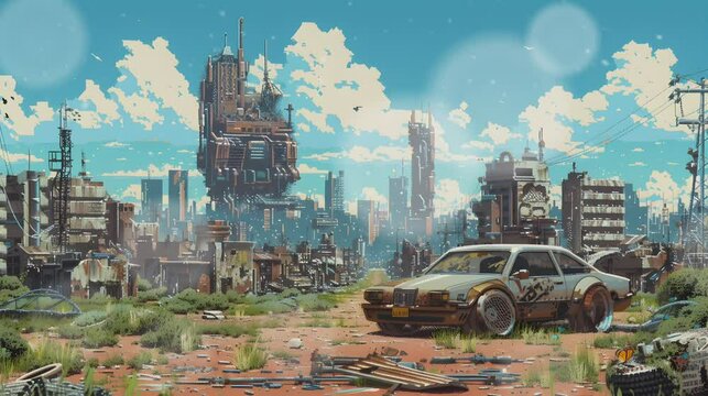 A detailed pixel art cityscape with industrial buildings, smokestacks, and lush greenery under a blue sky with fluffy clouds