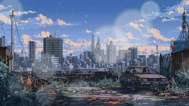 A detailed pixel art cityscape with industrial buildings, smokestacks, and lush greenery under a blue sky with fluffy clouds