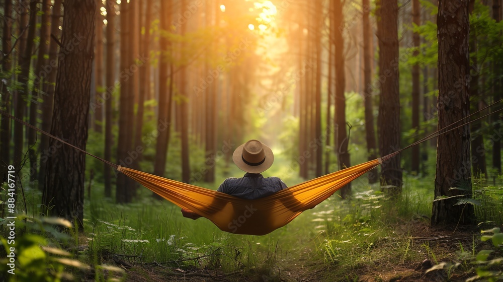Poster person relaxing in a hammock in a peaceful forest clearing stock photo with copy space