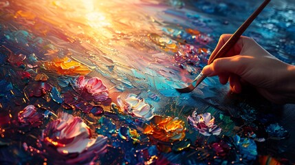 Person creating art as a form of self-care in a bright studio Stock Photo with copy space