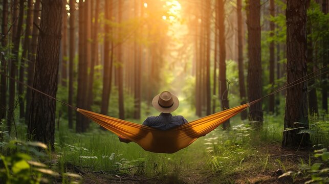 Person relaxing in a hammock in a peaceful forest clearing Stock Photo with copy space