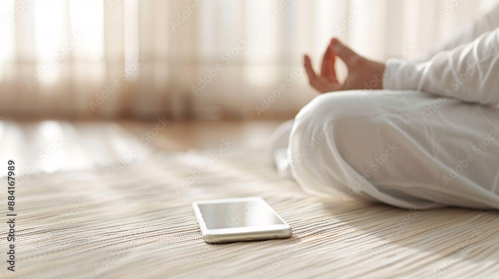 Poster Person practicing guided meditation using a mobile app in a quiet room Stock Photo with copy space