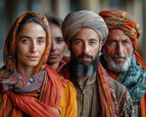Fototapeta premium Create a high-quality photograph of a group of people from different faiths standing together with their religious symbols.