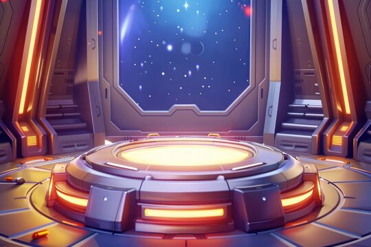 Futuristic spaceship interior with glowing platform and starry night sky