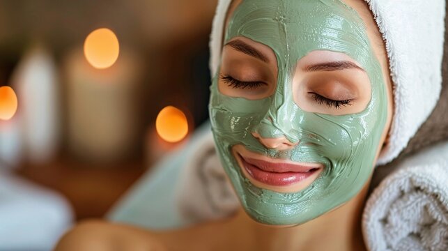 Woman enjoying a spa day at home with facial masks and soothing music Stock Photo with copy space