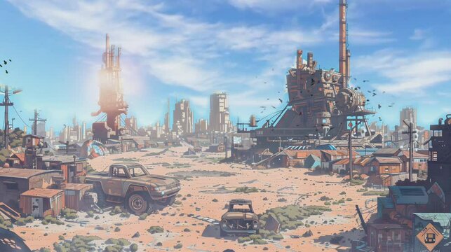 A detailed pixel art cityscape with industrial buildings, smokestacks, and lush greenery under a blue sky with fluffy clouds