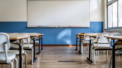 Fototapeta premium A classroom with a white board and colorful chairs