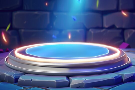Futuristic pedestal on stone platform with glowing blue light
