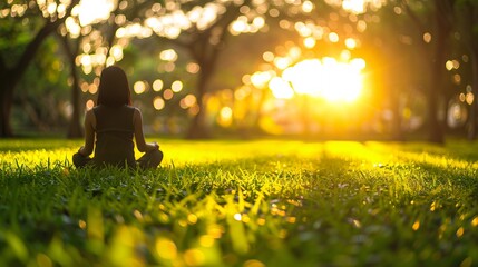 Woman practicing deep breathing exercises in a serene park setting Stock Photo with copy space