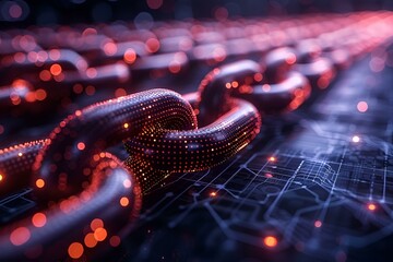 Chain links on digital background, symbolizing connection and technology.