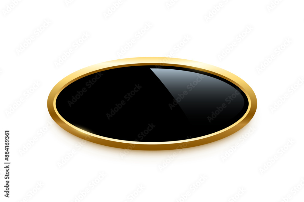 Sticker black oval button with golden frame vector illustration. 3d glossy elegant design for empty label, e