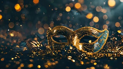 Glittery masquerade mask on dark background with bokeh lights