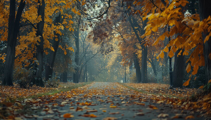 A path through a forest with leaves on the ground