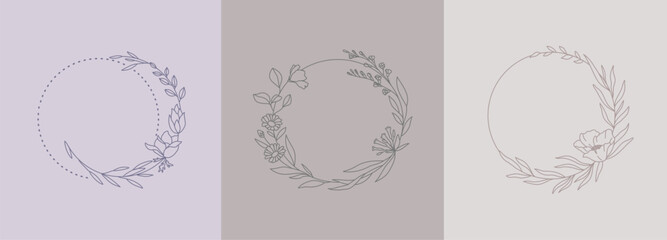 Set of different floral frame from flat editable stroke. Luxury line floral collection for wedding invitation art, design template of save the date card