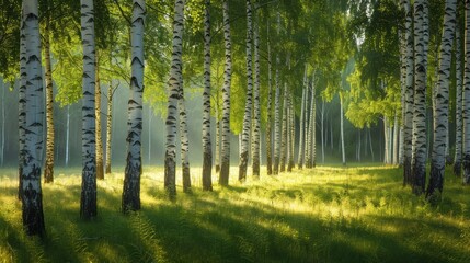 Fototapeta premium Birch tree grove in the early morning light, with slender white trunks and fresh green leaves creating a calm and refreshing atmosphere