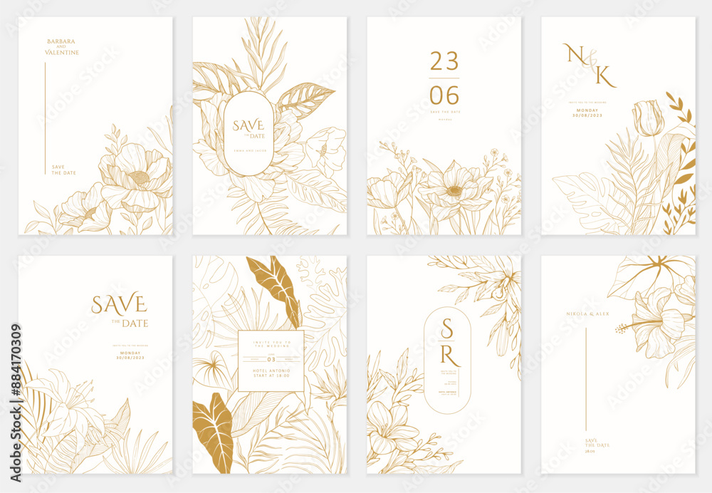 Wall mural set of floral invitation save the date card with detailed various flowers. luxury vintage botanic te