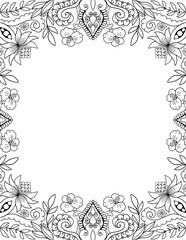 Floral ornamental frame template for invitation, banner, wedding design black outline on white background