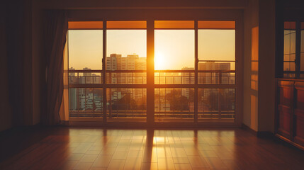 Obraz premium A large open room with a view of the city skyline