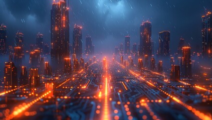 Obraz premium Cyberpunk Cityscape Under a Rainy Sky