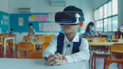 A student is using virtual reality glasses in a classroom