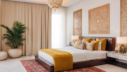 Modern bedroom concept for 2025 with bright ambiance, featuring sleek furniture, and vibrant colors