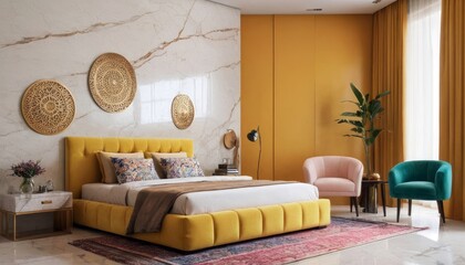Modern bedroom concept for 2025 with bright ambiance, featuring sleek furniture, and vibrant colors