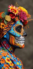 Vibrant Day of the Dead face painting with colorful flowers and detailed skull designs celebrating the Mexican holiday tradition.