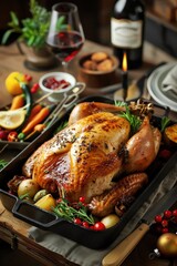 A beautifully roasted chicken with fresh herbs, vegetables, and seasonal fruits, elegantly presented for a gourmet dining experience.
