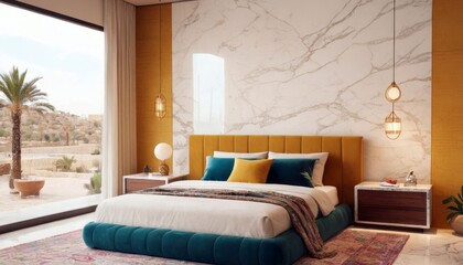 Modern bedroom concept for 2025 with bright ambiance, featuring sleek furniture, and vibrant colors