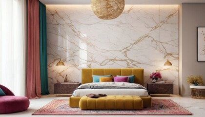 Modern bedroom concept for 2025 with bright ambiance, featuring sleek furniture, and vibrant colors