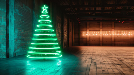 Glowing bright green Christmas tree neon ring spiral lights glowing dark plain background copy space festive holiday decoration xmas celebration banner ad campaign 80s tech futuristic ad campaign 