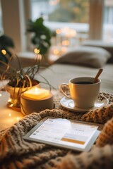 Cozy scene in a living room with a cup of coffee, a lit candle, knitted blanket, and a tablet. Perfect for autumn or winter ambiance.