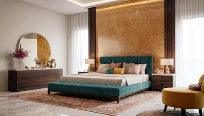 Modern bedroom concept for 2025 with bright ambiance, featuring sleek furniture, and vibrant colors