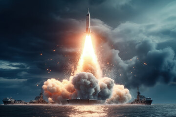 Bright Flame during Launch of Nuclear Missile, Concept of Political Tension between Countries