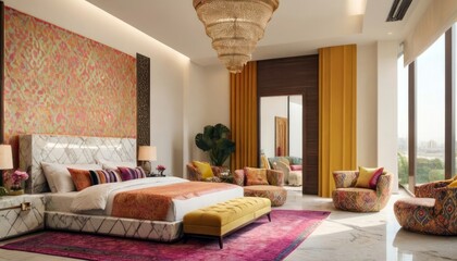 Modern bedroom concept for 2025 with bright ambiance, featuring sleek furniture, and vibrant colors