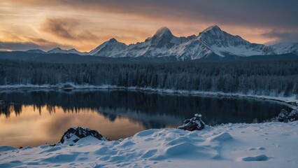 Fototapeta premium winter landscape with lake and mountains