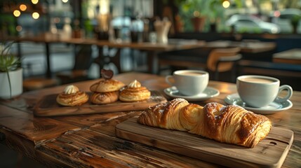 Fototapeta premium Cozy coffee shop setting with fresh pastries and hot beverages on a wooden table, offering a relaxing atmosphere.