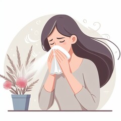 Allergy to flowering plants. Person sneezes from pollen. Woman wipes her nose with napkin