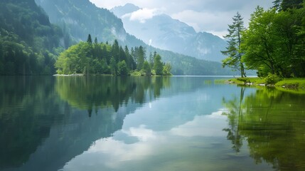 Fototapeta premium Tranquil mountain landscape with a lake reflection, offering a peaceful and natural background. 