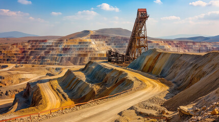 Fototapeta premium A vast mining or quarry site. Dominating the foreground is a large conveyor belt, which appears to be transporting materials upwards