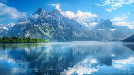 Tranquil mountain landscape with a lake reflection, offering a peaceful and natural background. 