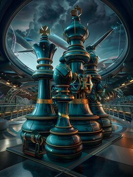 Strategic Time Travel Paradox Oversized Chess Pieces on a Futuristic Chessboard Suitcase