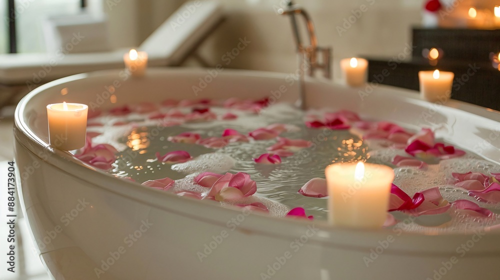 Poster person taking a relaxing bath with candles and soft music stock photo with copy space