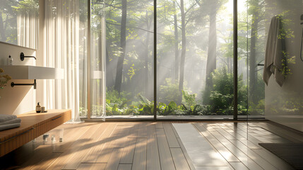 A bathroom with a large window that lets in sunlight and a view of a forest