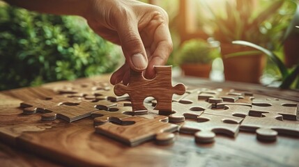 Individual doing a puzzle on a quiet afternoon at home Stock Photo with copy space